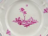 a pink plate with a picture of a castle on it