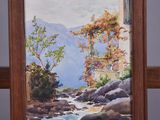 a picture of a painting of a mountain stream in front of a house
