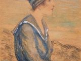 tableau représentant une femme en robe bleue et chapeau, assise sur une plage