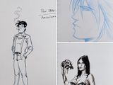 four different sketches of a man and a woman holding flowers