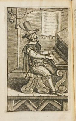 un vieux livre sur lequel figure le dessin d'un homme assis au piano