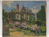 une peinture à l'huile représentant une maison avec un jardin devant elle