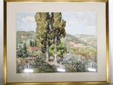 framed watercolor painting of a landscape with trees and a house