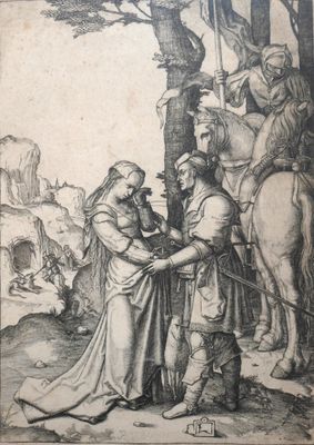 an image of a drawing of a man on a horse and a woman on a horse