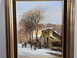 tableau représentant une scène hivernale avec une calèche tirée par un cheval et des personnes sur la route