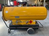 an image of a yellow proprigerator sitting on top of a cart in a warehouse