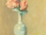 a painting of a vase with pink flowers in it