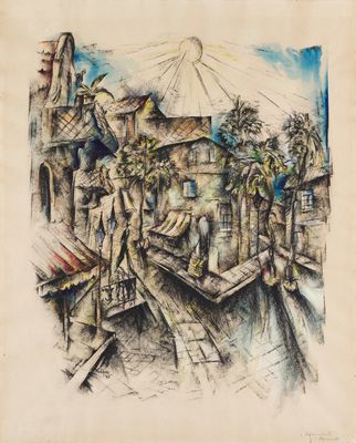 an image of a drawing of a man standing on a bridge