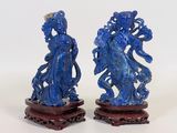 paire de figurines en jade bleu représentant une femme et un homme