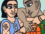 painting of a man and a woman playing a game of basketball