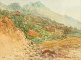 une image représentant un tableau d'une montagne avec une vallée au premier plan