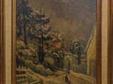 une peinture à l'huile représentant une scène de village avec une calèche au premier plan
