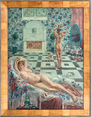 une image représentant un tableau montrant deux nus sur un sol à carreaux