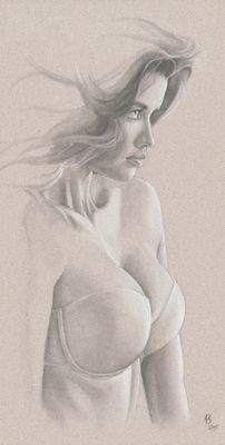 dessin représentant une femme en brassière, les cheveux au vent