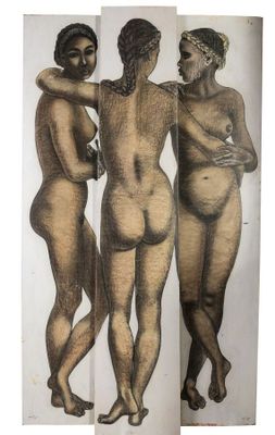 trois nus dans trois poses différentes, l'un debout et l'autre debout