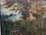 an oil painting of a tree in a fenced in area next to a road
