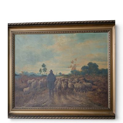 a painting of a man walking with a herd of sheep