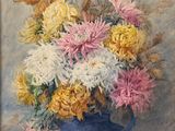a painting of flowers in a blue vase on a table