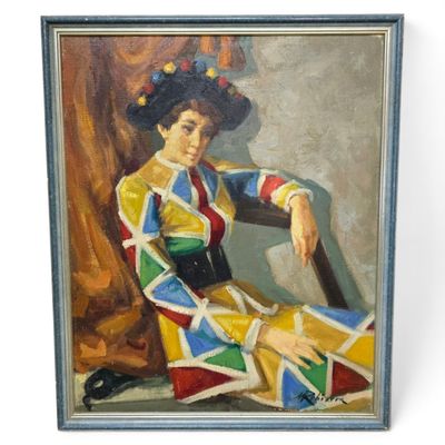 a painting of a woman in a colorful dress sitting on a chair