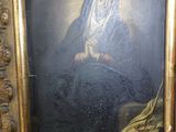an old painting of a woman in a black dress sitting on a chair