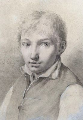 portrait of a young boy in a vest, by person