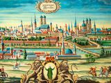 painting of a painting of a city with a castle in the background