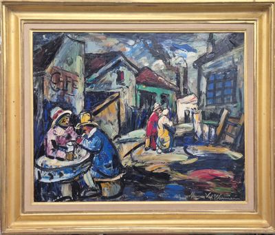une peinture à l'huile représentant un groupe de personnes assises autour d'une table