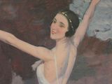 a painting of a woman in a white dress with her arms outstretched