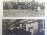 two black and white photos of people riding horses
