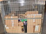a metal cart with boxes in it in a warehouse