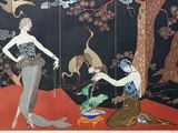 une peinture représentant une femme et un oiseau sur un paravent