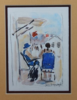 a painting of a man and a woman sitting at a table