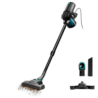 a black and blue vacuum cleaner with a brush on top of it
