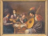 tableau représentant un groupe de musiciens jouant de leurs instruments dans une pièce