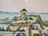 a watercolor painting of a town with a bridge and a clock tower