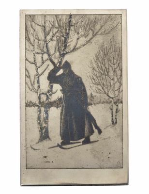 une vieille photo d'un homme debout dans la neige, près d'un arbre
