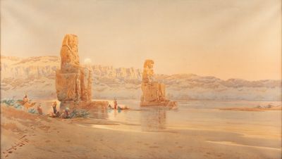 an image of a painting of a desert scene with a body of water in the foreground and a mountain in the background