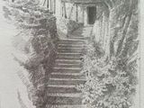 pencil drawing of a house with steps leading up to it