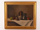 painting of a still life with a silver teapot, apples, and a glass