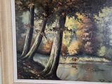 a painting of a river in the middle of a forest