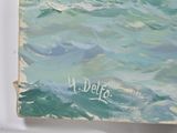 an oil painting of a boat in the ocean on a white surface