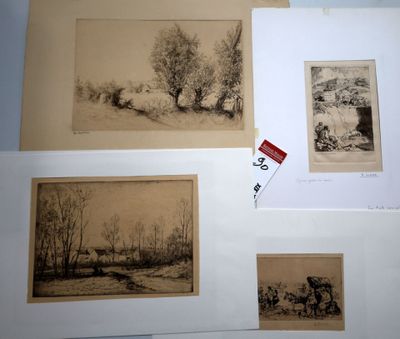 several old black and white pictures of animals in a field