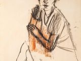 drawing of a woman in a hat and dress sitting on a chair