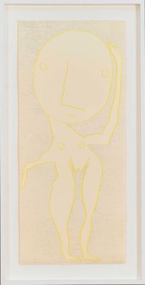 une image représentant un dessin jaune d'une femme dans un cadre blanc