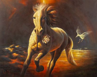 un tableau représentant un cheval galopant dans un champ, avec des oiseaux qui volent tout autour
