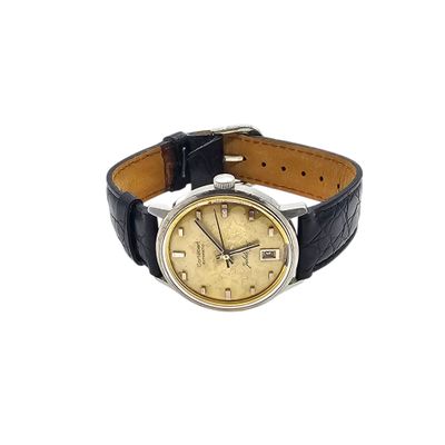 an image of a wrist watch with a gold dial and black leather strap