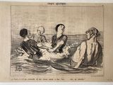 an old black and white drawing of people in a body of water