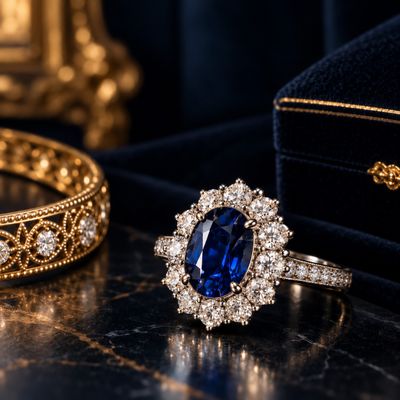 a close up of a blue sapphire and diamond ring on a table