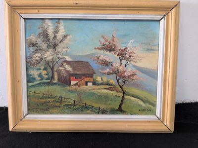 painting of a farm scene with a red barn in the background