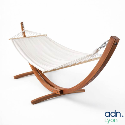 a hammock on a wooden stand on a white background